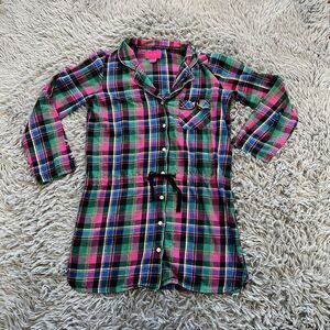 Victorias Secret Plaid Pajama Shirt Dress Nightgown Tie Waist Glitter Small